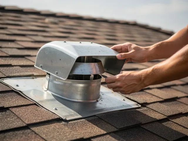 Whitehall Dryer Vent Cleaning certified technician safely cleaning a roof-mounted dryer vent in Whitehall