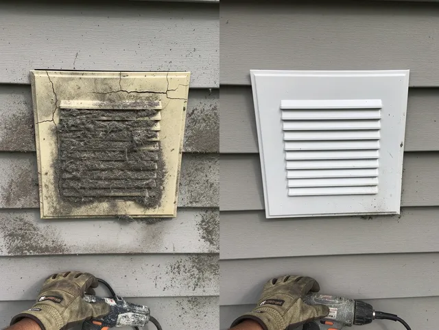 Whitehall Dryer Vent Cleaning technician installing high-quality dryer vent cover at a residential property in Whitehall