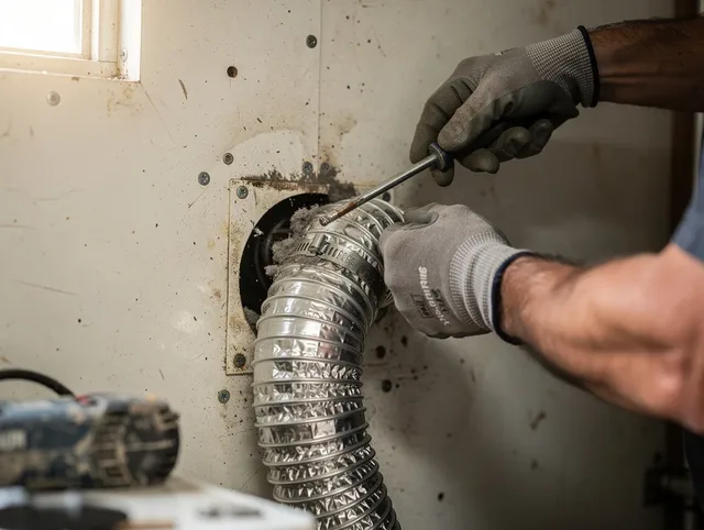 Whitehall Dryer Vent Cleaning technician performing precise dryer vent hose installation in Whitehall
